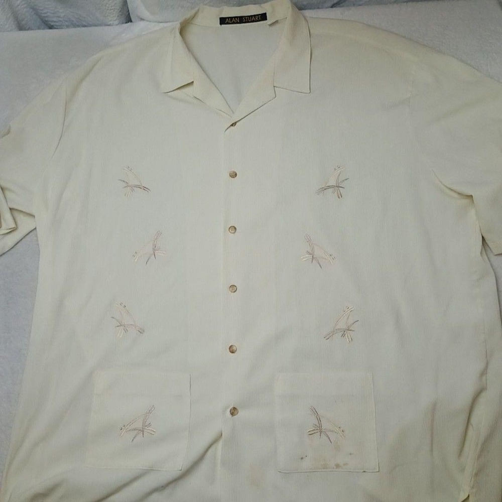 Alan Stuart Shirt Mens 3XLT White Button-Up Short Sleeve Rayon Embroidered USA